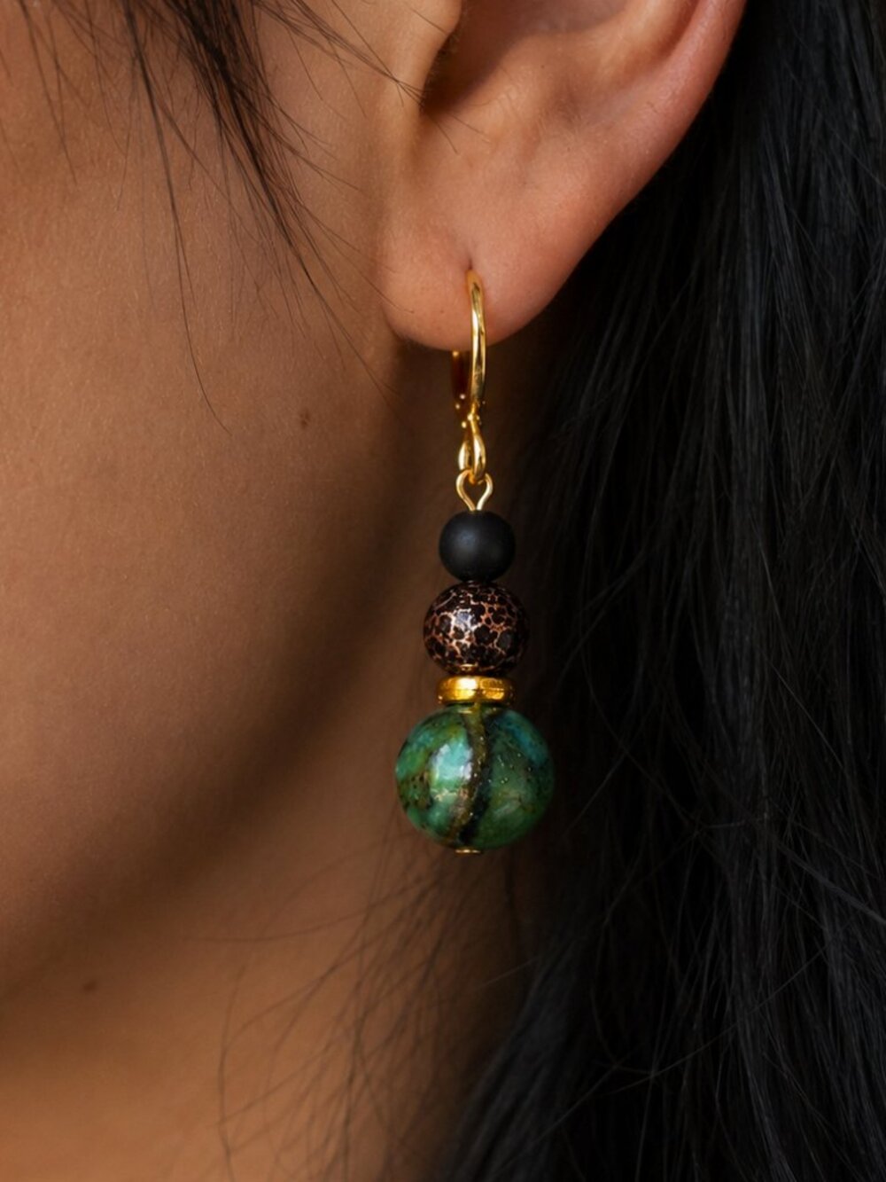 Angelite Gemstone Earrings, Boho Gold Drop with Black Agate, Hippie Goth Glam